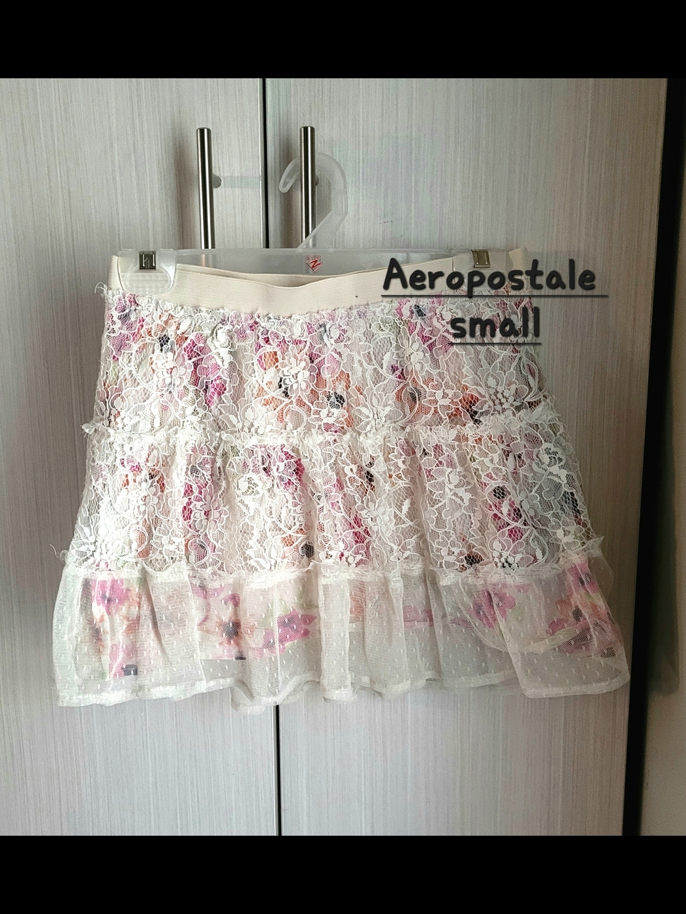 Aeropostale Cream Lace Mini Skirt with Pink Floral Accents